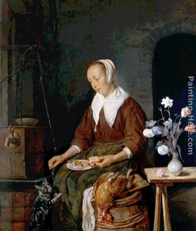 Gabriel Metsu Woman Eating and Feeding her Cat